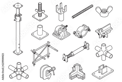 Isometric Vector Line Art Collection of Scaffolding Construction Equipment