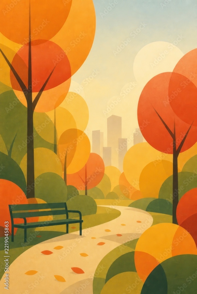 Naklejka premium Stylized autumn park illustration with winding path, bench, and city skyline