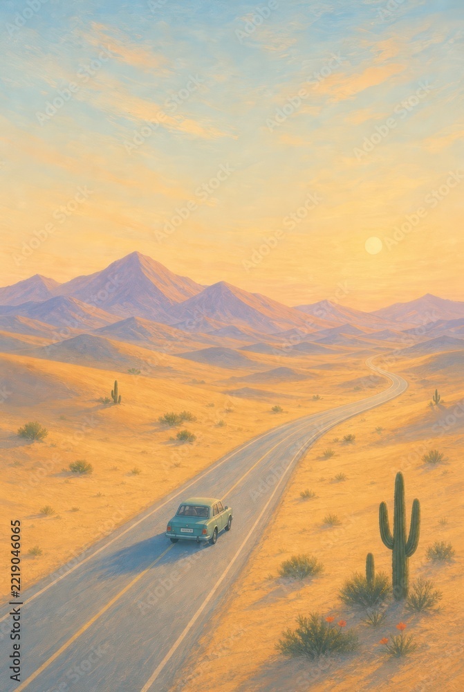 Fototapeta premium A lone vintage car drives through a sunlit desert toward distant mountains.