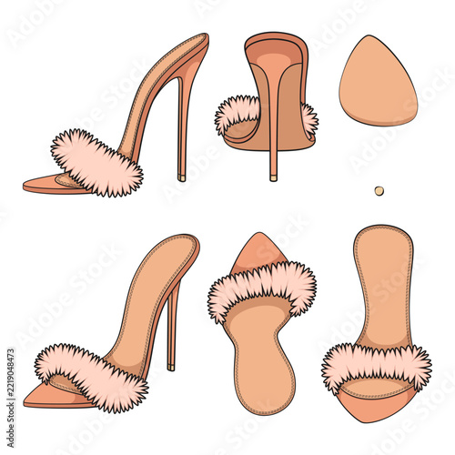 Set of color illustrations with beige clogs, sandals with heels and fur. Isolated vector objects.