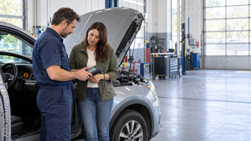 Auto Mechanic Explaining Car Repair to Female Customer in Service Garage