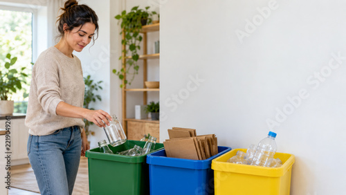 Home Recycling and Waste Sorting Illustration – Woman Separating Paper, Plastic and Household Waste