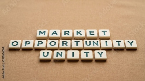 Market Opportunity spelled out using letter tiles on a textured surface, representing business growth and strategic planning.