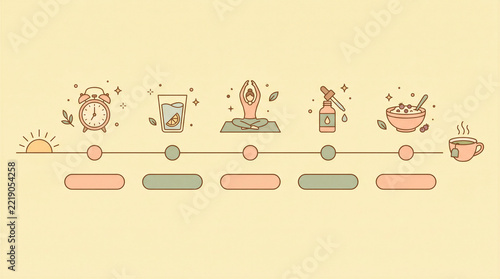 Illustrated morning routine timeline with yoga and breakfast