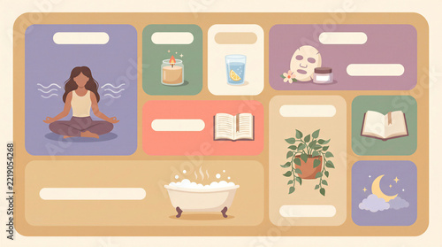 Woman meditating in an illustrated self-care routine collage