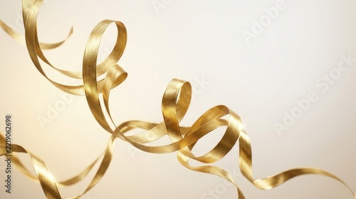 A golden ribbon gracefully swirls against a soft, neutral background. The ribbon’s texture is smooth and reflective, catching the light and creating a sense of movement and celebration.