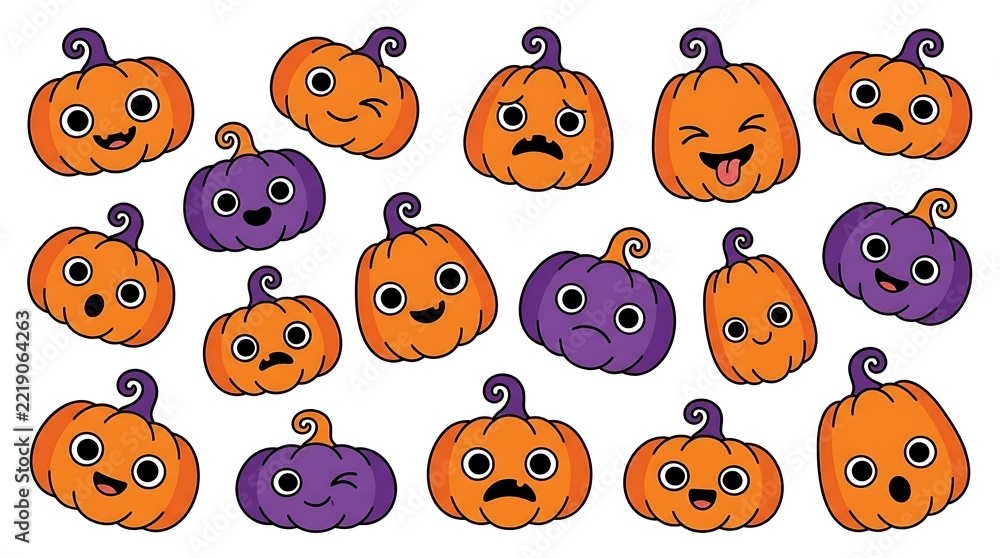 Obraz premium Set of cute cartoon halloween pumpkin characters with various funny facial expressions