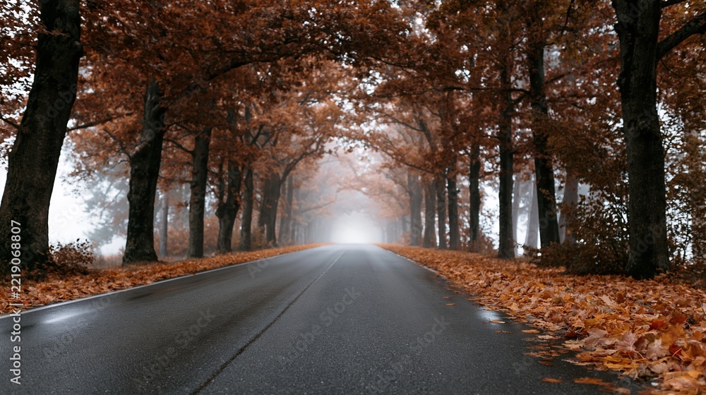Fototapeta premium The Autumn Road Through Misty Forest: A Serene Tree-Lined Drive into Fog