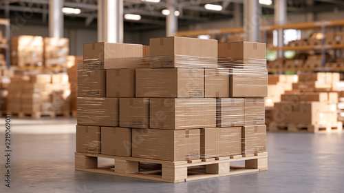 Stacked Cardboard Boxes Wrapped in Plastic on Warehouse Pallet