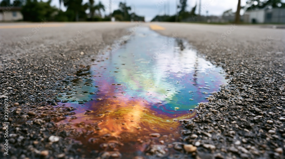Fototapeta premium Iridescent oil slick on wet asphalt road surface reflecting sky and surroundings