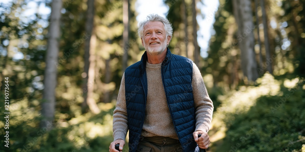 Fototapeta premium Elderly man walking with trekking poles in forest autumn portrait for health banner background and outdoor lifestyle design with morning light