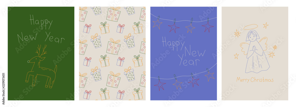 Fototapeta premium Whimsical Christmas doodle cards. Winter party invitations with gifts and festive icons. Hand-drawn holiday illustrations in cute vintage style. Vector banners or posters with xmas doodles.