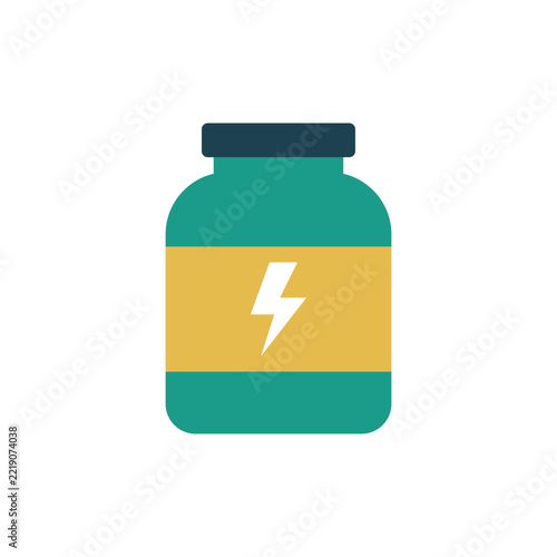 Flat style energy supplement bottle icon with lightning bolt symbol on white background