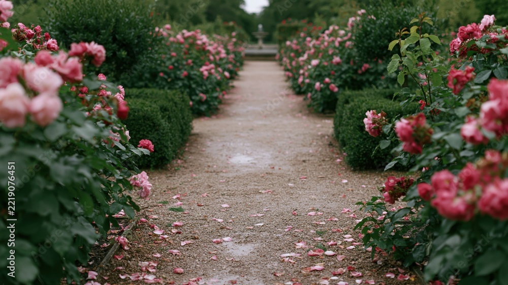 Fototapeta premium The Rose Garden Pathway Amid Pink Blooms and Serene Greenery