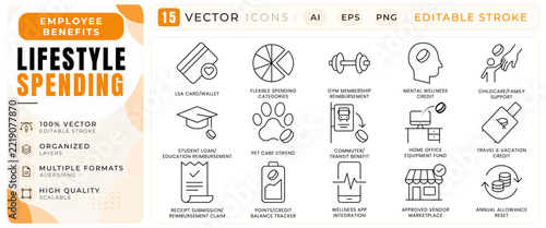Set of 15 line vector icons representing employee lifestyle spending benefits, including gym reimbursement, student loans, pet care, and commuter transit stipends