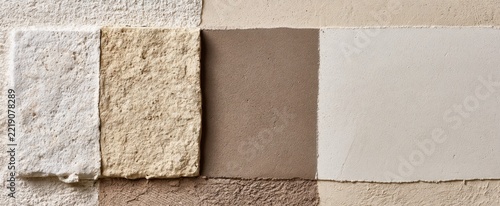 Assorted plaster and stucco texture swatches in neutral color samples for interior design background and material selection palette