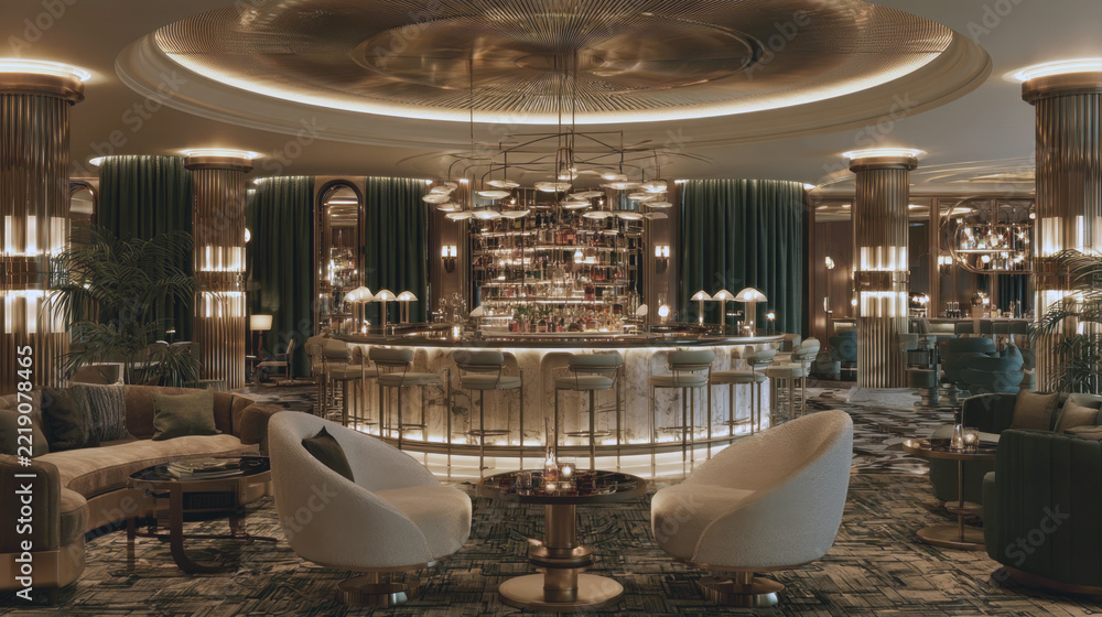 Naklejka premium luxurious hotel bar lounge interior design with illuminated round central bar counter plush velvet armchairs elegant lighting fixtures marble floor columns sophisticated night restaurant atmosphere