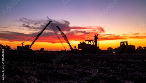 Construction machinery silhouettes against a dramatic sunset sky with vibrant orange and purple clouds.