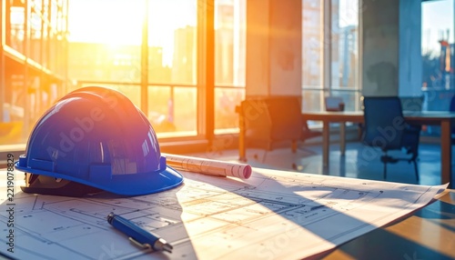 Construction blueprints and hard hat on desk, office interior with sunlit windows and city view, concept for architecture and engineering projects.