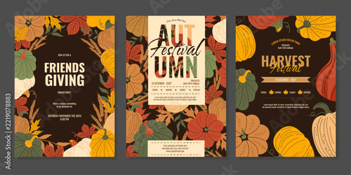 Autumn posters template set. Vertical template cards with textured pumpkins and leaves for Thanksgiving invitations, fall sales, wedding, harvest menus,  and web banners.