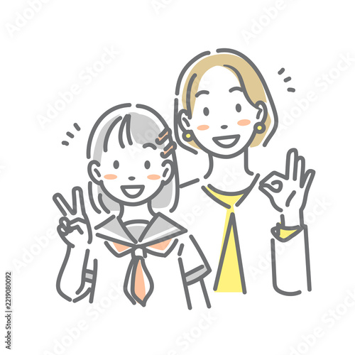 笑顔の10代の女の子とお母さん　お洒落で親しみやすい線画イラスト