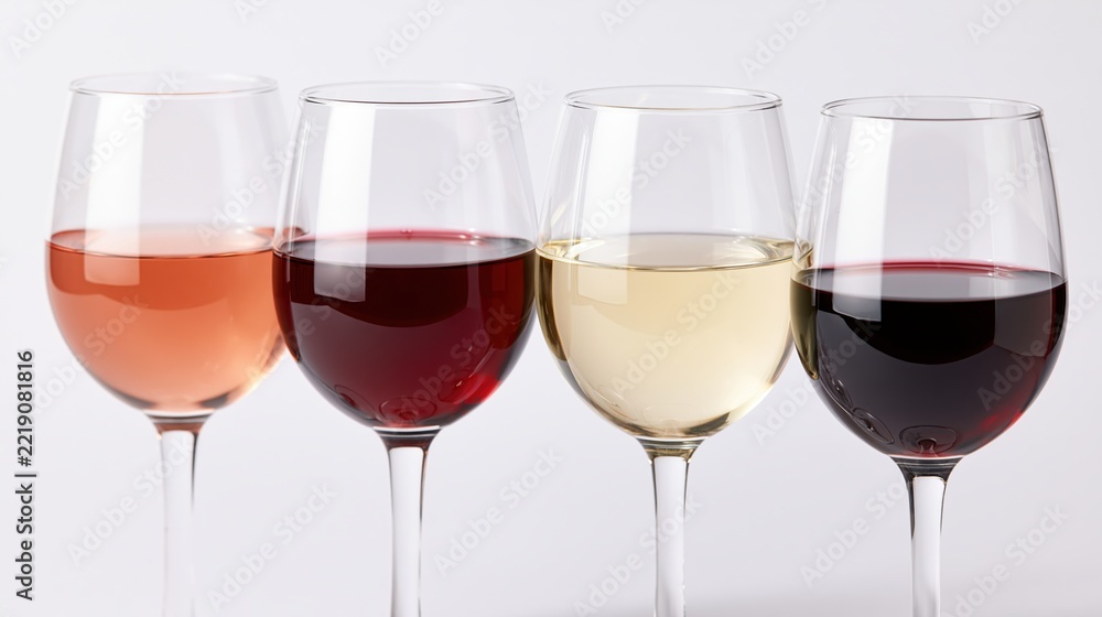 Naklejka premium Four stemmed wine glasses in a row filled with rosé, red, and white wine against a white background