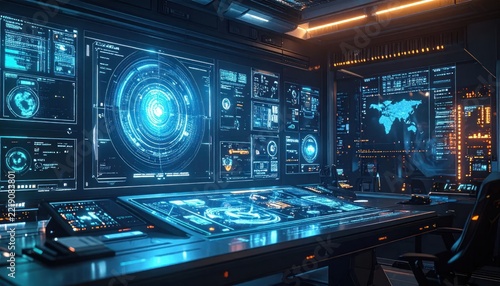 High-tech surveillance room with global map displays.