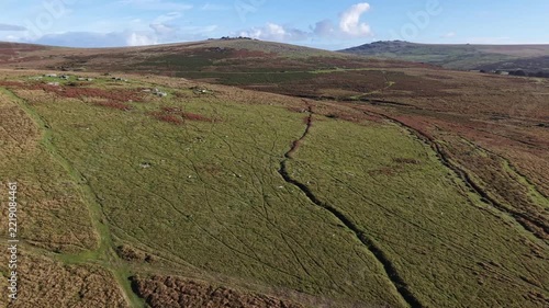 Aerial view looking towards tors on top of the hills on Dartmoor
