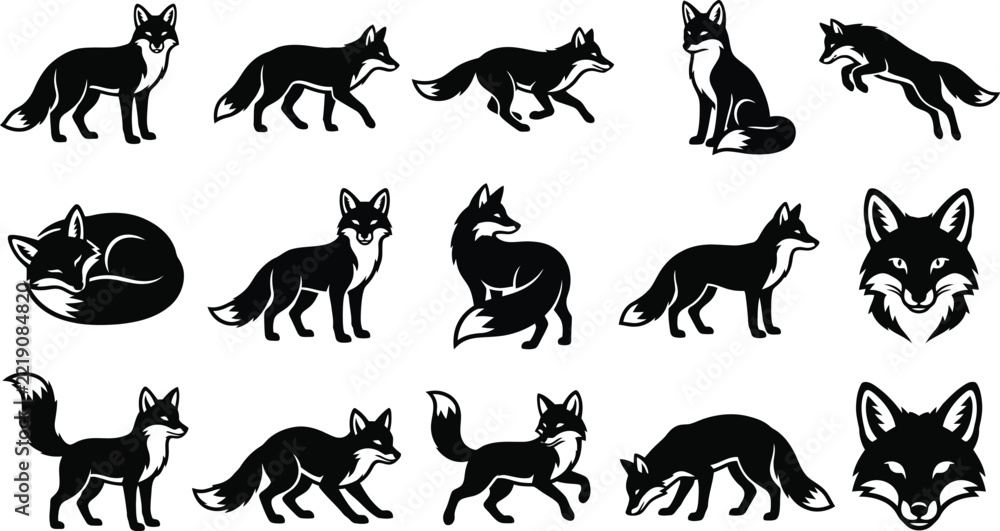 Fototapeta premium Collection of black and white fox silhouettes in various poses including standing, sitting, sleeping, running, jumping, and head portraits