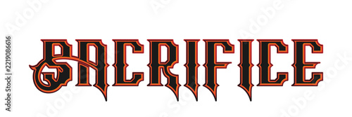 Spooky sacrifice text lettering with gothic font and glowing red orange outline isolated on transparent background