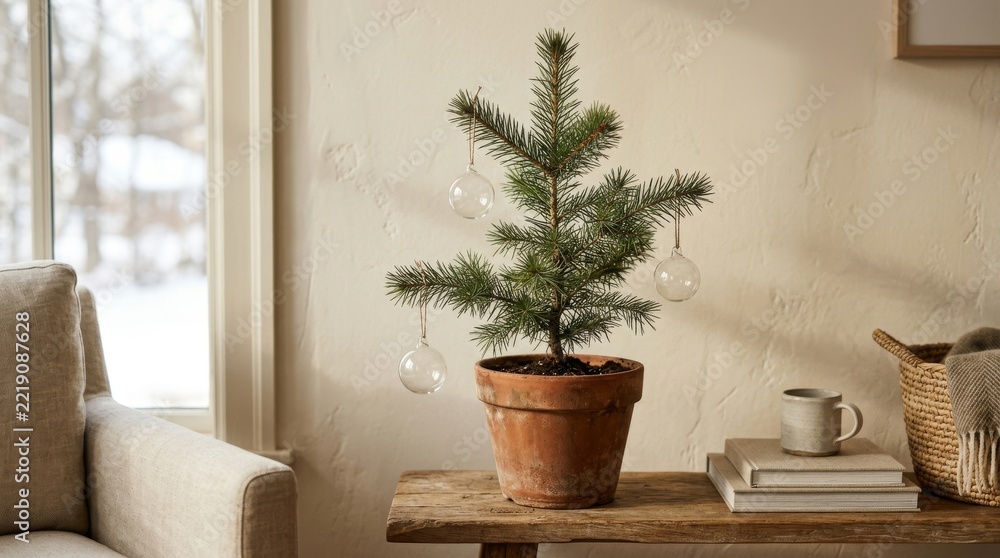 Fototapeta premium A small green pine tree sits in a clay pot with glass ornaments.