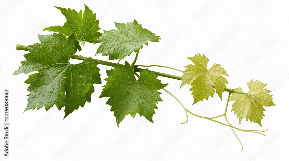 Fototapeta premium Grapevine cutting with lobed green leaves and tendrils isolated on white background