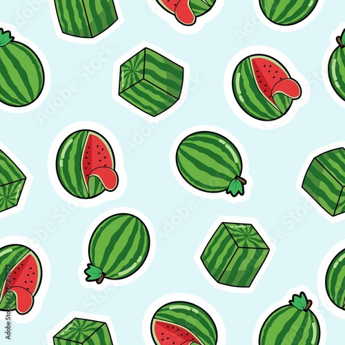 Cute watermelon seamless pattern with white sticker border and cube watermelons on soft light blue background, summer tropical fruit vector illustration