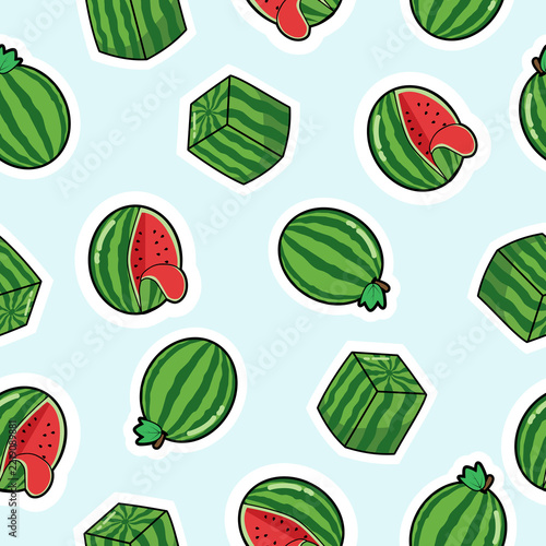 Cute watermelon seamless pattern with white sticker border and cube watermelons on soft light blue background, summer tropical fruit vector illustration