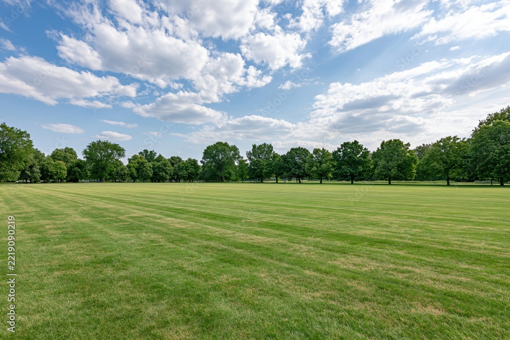 Fototapeta premium The Open Green Field Under a Bright Blue Sky with Fluffy Clouds