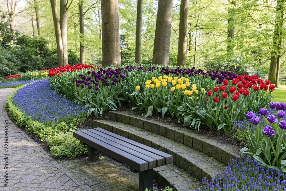 Naklejka premium The Tulip Garden in a Tranquil Park with a Wooden Bench