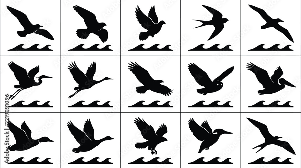 Fototapeta premium Set of fifteen black bird silhouettes flying over stylized water wave isolated on a white background, for nature and wildlife