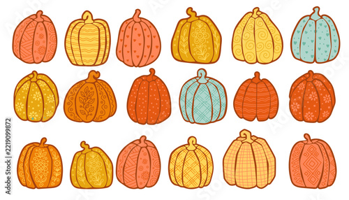 Autumn stylized pumpkin vector icons set, isolated harvest pumpkins with ornaments on white