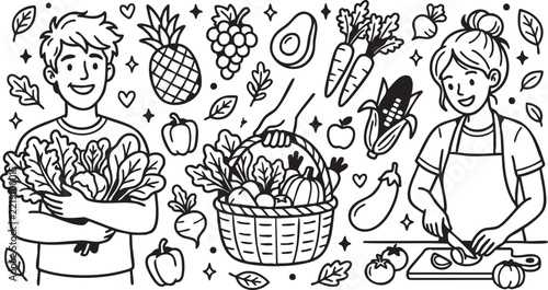 Hand drawn vector illustration of a man holding blooming flowers and carrying a shopping bag in vintage doodle sketch style