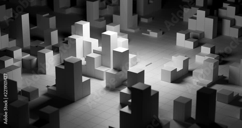 Abstract geometric white cubes moving up and down illuminated by bright glowing center light in dark background