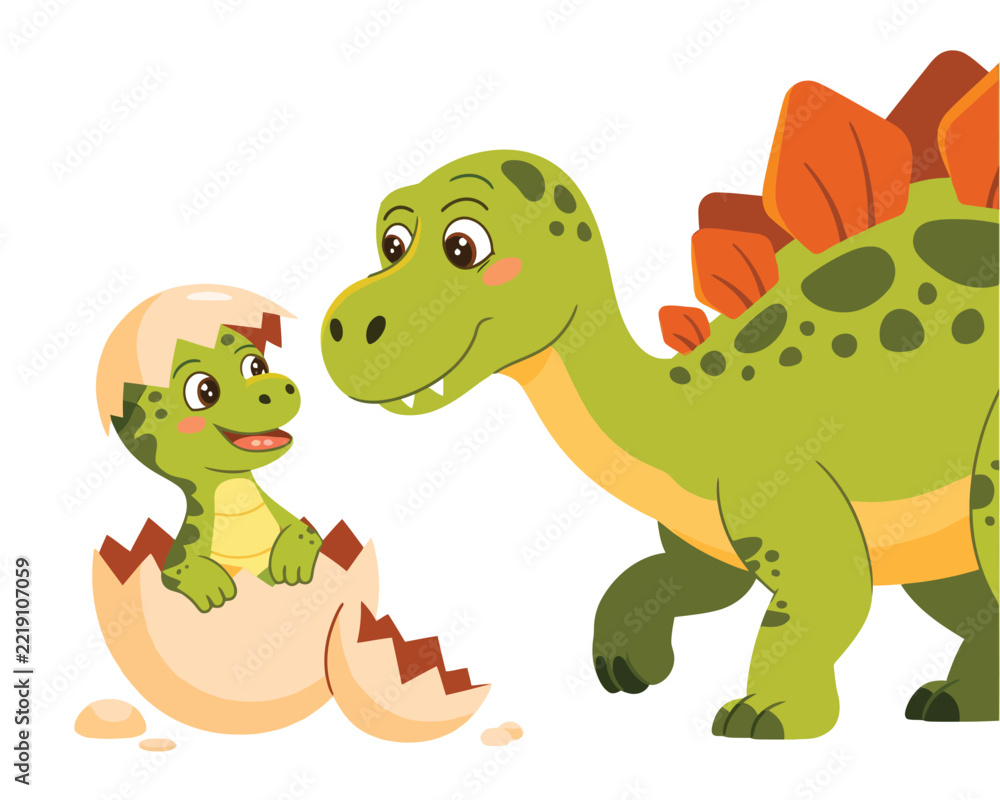 Obraz premium Cute Green Dinosaur Cartoon Character Vector Illustration for Kids, Fun Baby Dino Reptile Monster Wildlife Animal Drawing Isolated on White Background