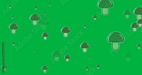 Digital animation of multiple mushroom icons floating against black background