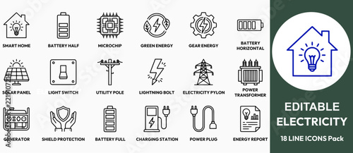 Vector electric energy icon bundle editable stroke.