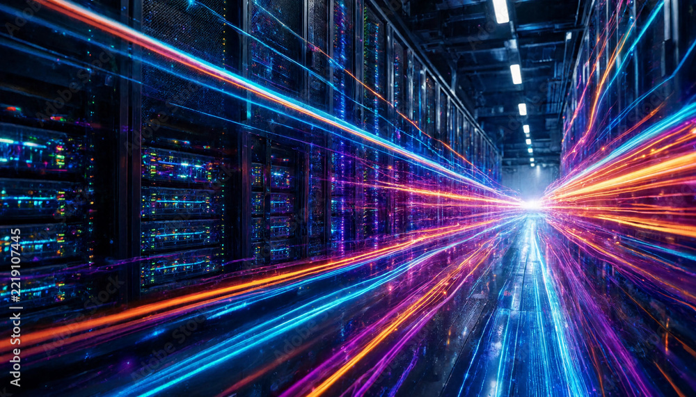 Fototapeta premium Data center server racks illuminated with dynamic light trails in high-tech infrastructure facility