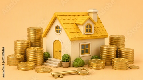 House model surrounded by stacked gold coins and a golden key representing real estate investment and property finance