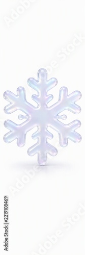 Iridescent glossy snowflake closeup with white background and reflections
