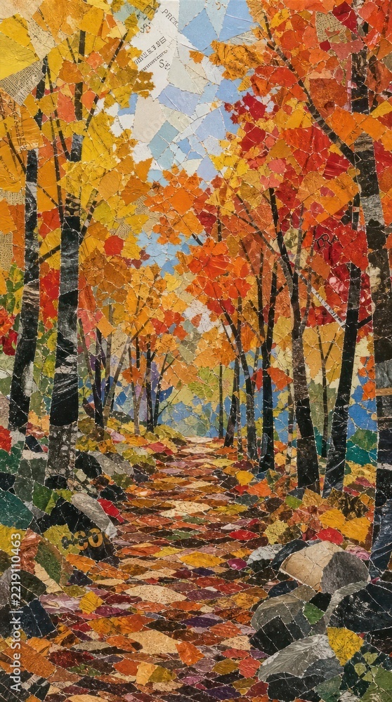 Fototapeta premium Autumn forest mosaic mobile wallpaper, colorful textured collage, vertical path