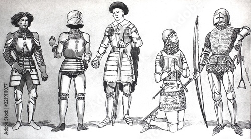 Clothing, fashion, knightly costumes in the late Middle Ages, from left, Burgundian armour with plate armour over chain mail and beret, c. 1450, a Burgundian suit of armour c. 1425, an English suit of armour in the 15th century, an English suit of armour with chain mail, chain bonnet and over splints, in the 14th century, a French mounted and armoured archer, digitally enhanced reproduction of a 19th century illustration