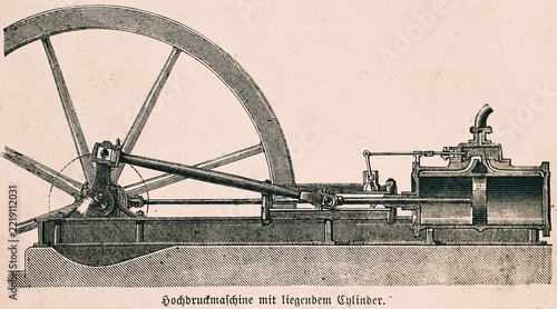 High-pressure engine with horizontal cylinder, improved efficiency, wheel, slide valve box, slide valve, pressure, construction, industry, technology, inventions in the 19th century, historical illustration 1872, Germany