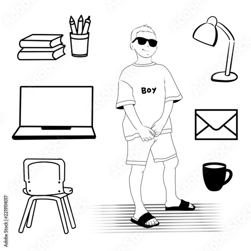 Child boy student in office setting with school supplies and study items